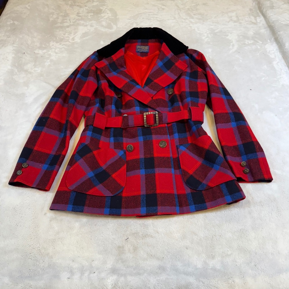 Vintage Pendleton Wool Plaid Belted Coat Red Blue Velvet Collar Double Breasted
